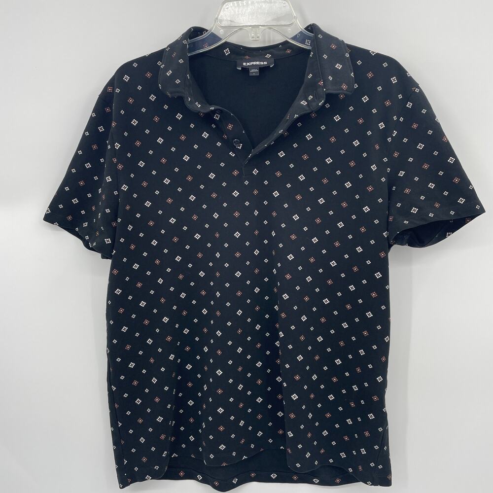 EXPRESS Mens Polo Shirt Size L Cotton Short Sleeve Geo Print Collar [RUNS SMALL]